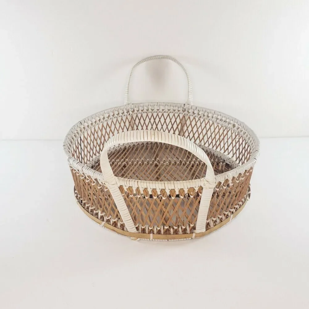 Round Basket w/ Handles White Accents Woven Rattan Wicker Rattan Wall Art